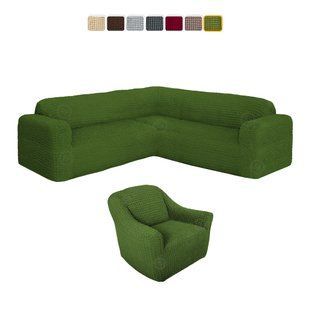Натяжний чохол на кутовий диван та 1 крісло (Зелений) CH-UG+1-305-Green//4 фото